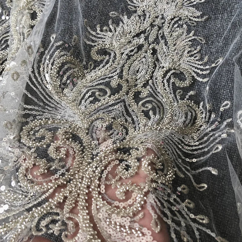Luxurious Design Silver 3D Embroidered 100% Polyester Beaded Sequin Collar Appliques Wedding Evening Dress Flower Accessories