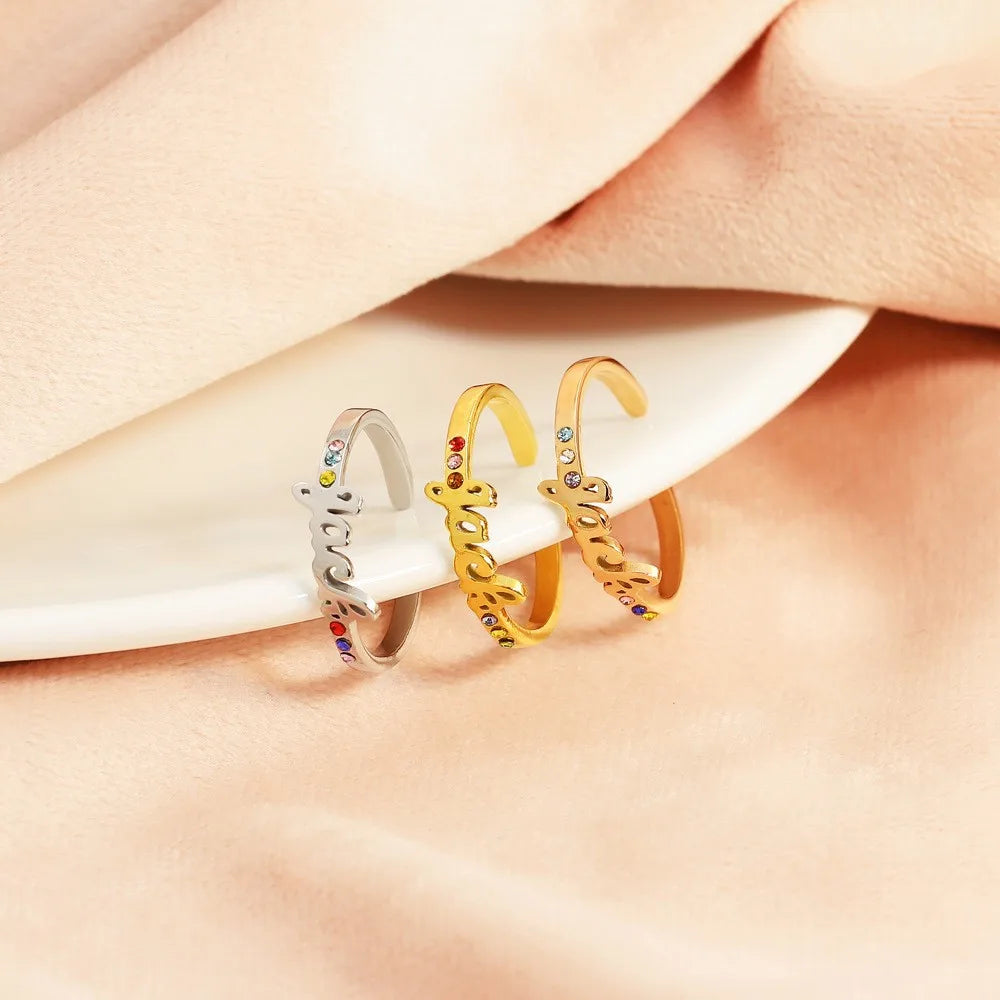 Custom Name 12 Birthstone Rings Fashion Jewelry Gold Plated Letter Stainless Steel Diamond Ring for Lovers