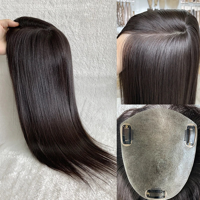 Indian Human Hair Silicone Skin Pu Glue Hair Replacement System Topper for Women