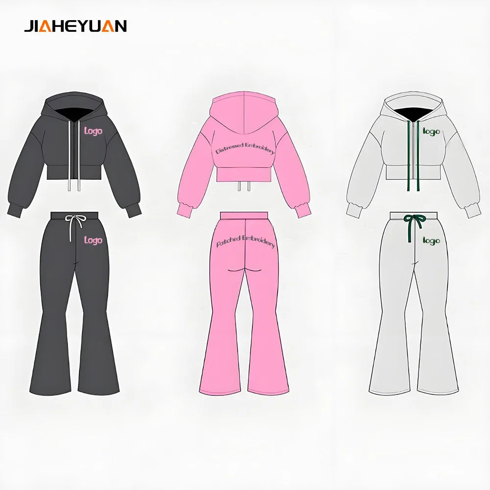 Cropped Zip up Hoodies and Flared Pants Set Custom Sweatsuits Vintage Jogger Set Streetwear 2 Piece Set Women Tracksuits