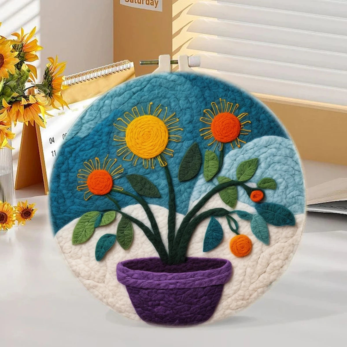 CHENISTORY Flowers Pattern Needle Felt Starter Kits Felt Painting Set With Wool Needle Felting