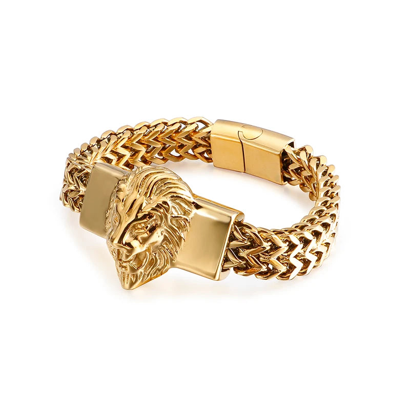 KALEN Men 220mm Punk Stainless Steel Lion Head Herringbone Chain Bracelet