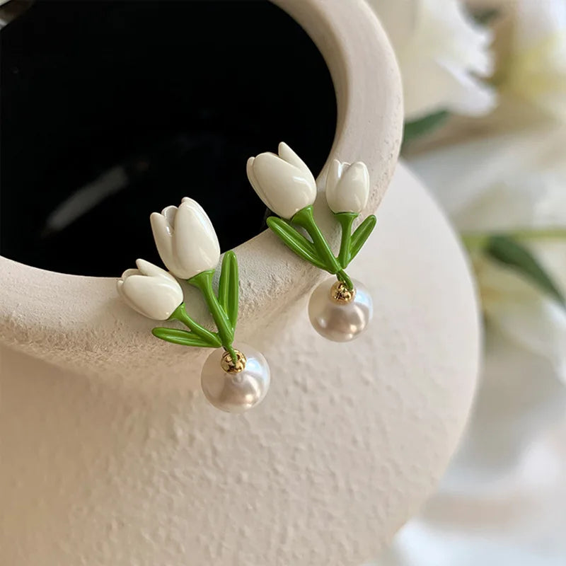 925 Silver Post Tulip Pearl Fashion Stud Earrings Gold Plated Women Jewelry Tulip Pearl Flower Earrings Orecchini a Fiore