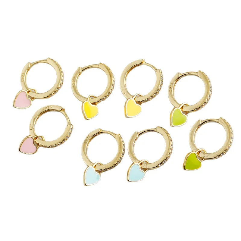 Cute Design Small 925 Sterling Silver Colourful Heart Pendant Hoop Drop Earrings for Women Jewelry