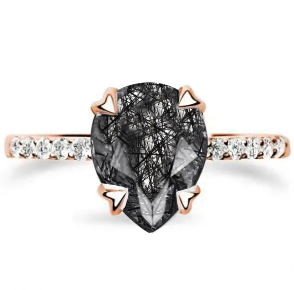 Black Hair Crystal Stone 925 Sterling Silver Prong Setting Gemstone Ring for Women
