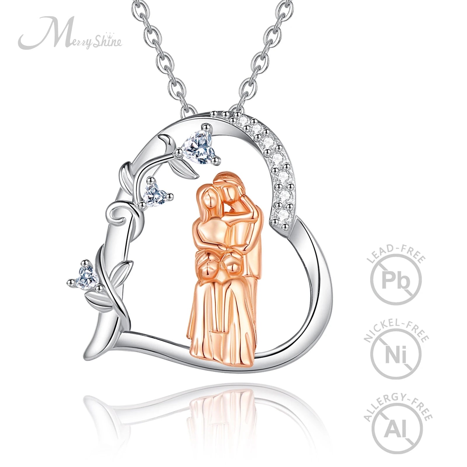 Merryshine Mothers Day 925 Sterling Silver love Heart Rose Gold Mom Son Pendant Necklace for Women