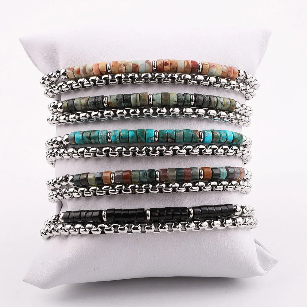 New Design 4mm Natural Stone Stainless Steel Chain Beaded Bracelet Men JBS12351
