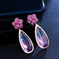 Beautiful Rose Red Cubic Zircon Flower Big Multicolor Tear Drop CZ Crystal Earrings Long Dangle Women Wedding Party Jewelry Gift