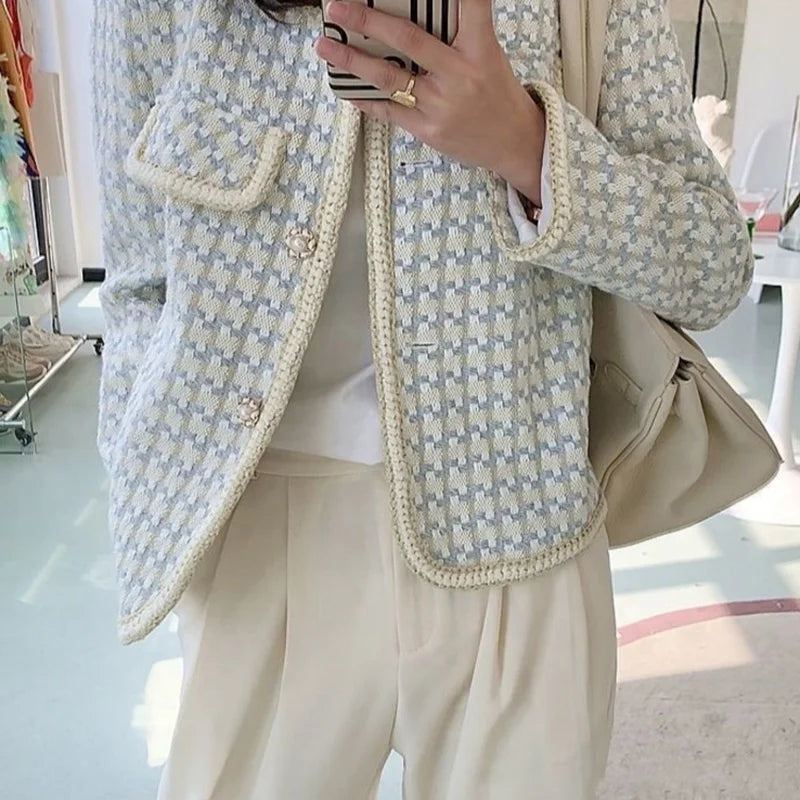High Quality French Vintage Small Fragrance Tweed Jacket Coat Women's Spring Autumn Casual Fried Street Short Coat Plaid Outwear