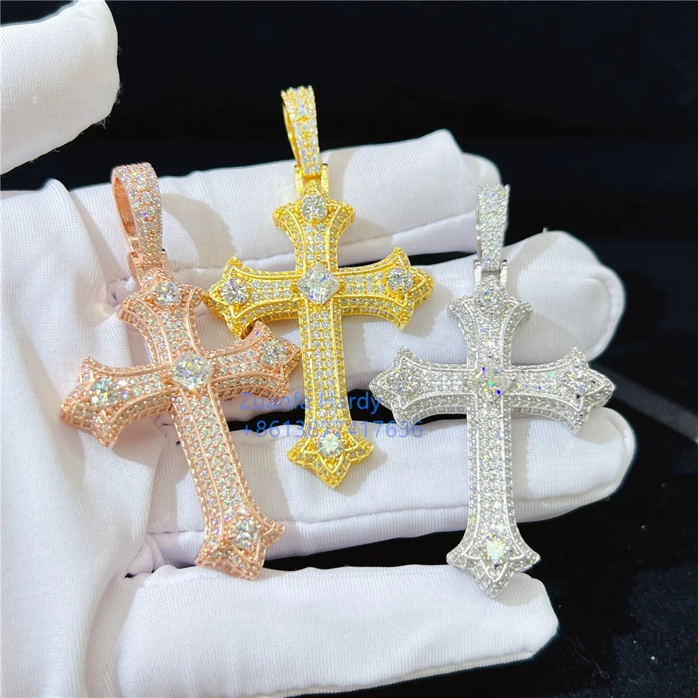 Ready to Ship 925 Sterling Silver Iced Out Hip Hop Rapper Jewelry Men VVS Diamond Moissanite Cross Pendant