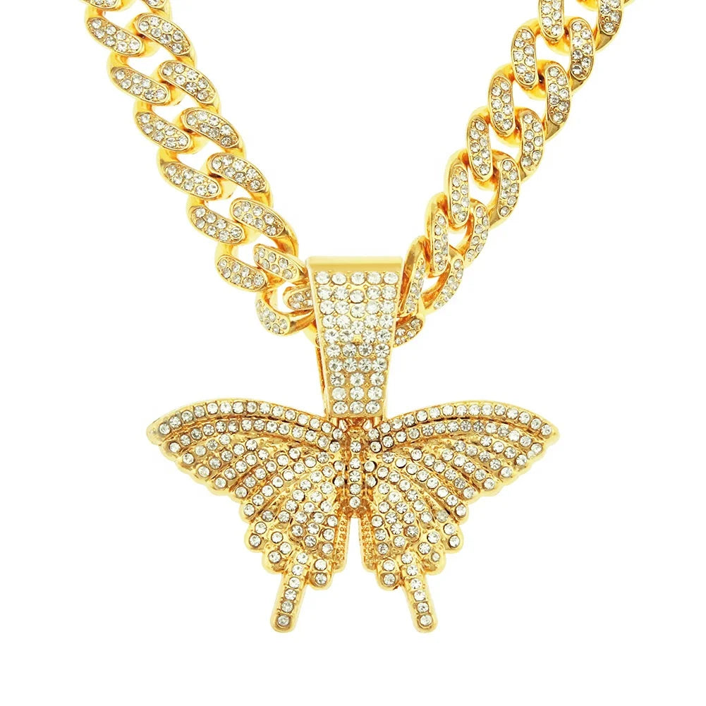 Iced Out 13MM Cuban Link Chain With Alloy and Rhinestones Hip Hop Butterfly Pendant Chokers Necklace