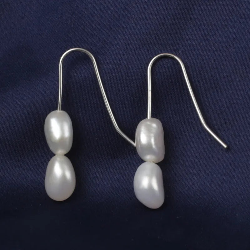 Simple Pure 925 Sterling Silver 7-8 mm AAA Natural Freshwater Baroque Pearls Earrings