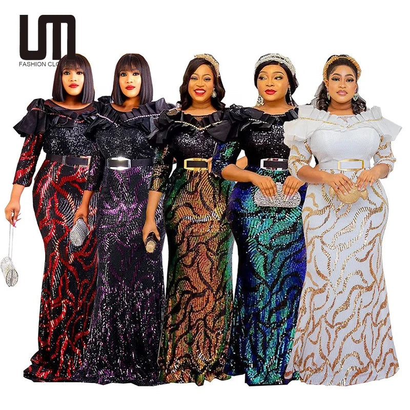 Liu Ming African New Arrivals Women Casual Long Sleeve O Neck High Waist Maxi Dress