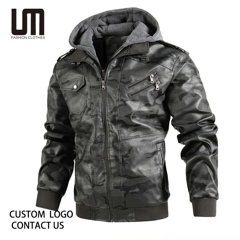 OEM New Wholesale Winter Men Clothing Fashion Hooded Motorcycle PU Faux Leather Plus Size Coats Jacket