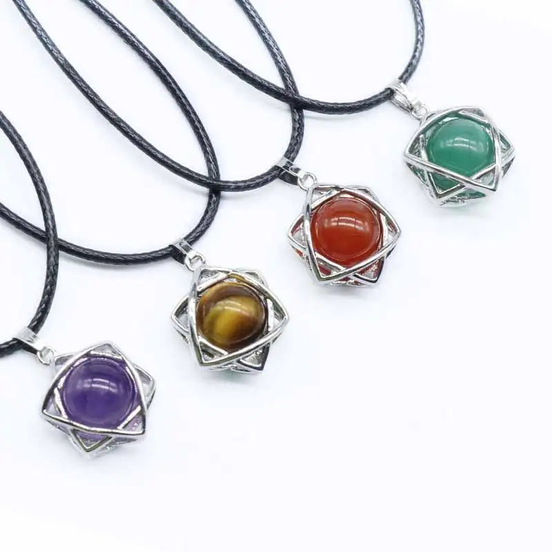 Good Quality Six Pointed Star Pendant Leather Rope Necklace Healing Crystal Merkaba Chakra Pendant Necklace