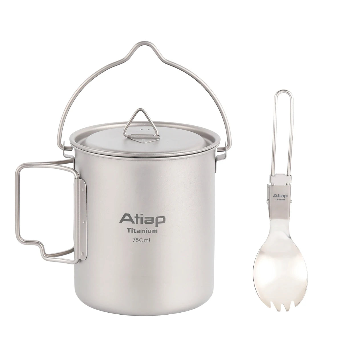 Camping Titanium Pot 2 Pieces Set Lightweight Titanium 750ml Pot with Folding Spork Water Cup for Outdoor Camping