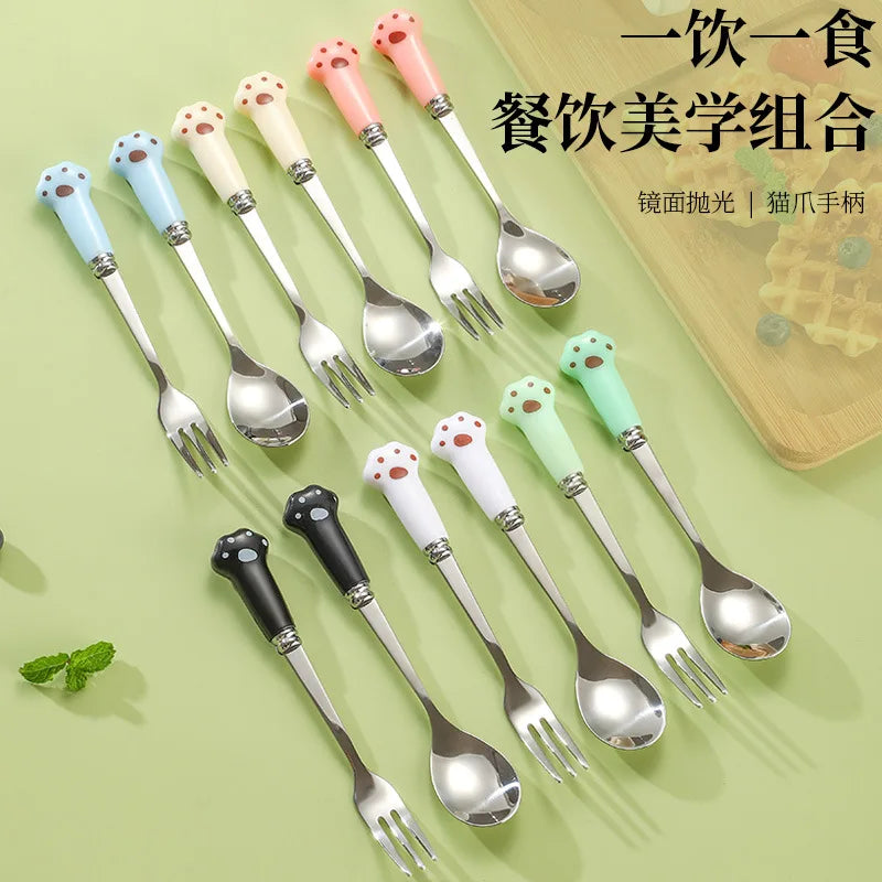 Creative 18/8 Stainless Steel Cute Cat Claw Fork Spoon Silverware Dessert Spoon Fruit Fork Children's Flatware