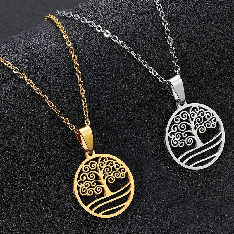 Fashion Non Tarnish Silver 18K Gold Plated Stainless Steel Tree of Life Necklace Jewelry for Women