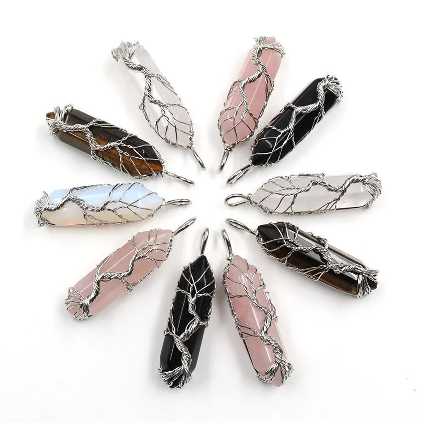 Natural Healing Crystals Gemstone Amethyst Quartz Point Tree of Life Wire Wrapped Pendant Necklace