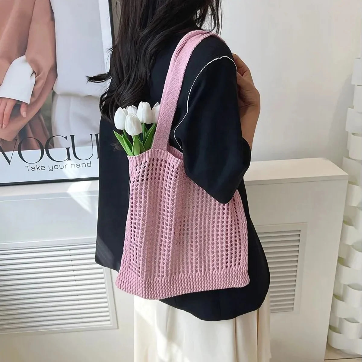 2023 Summer Vintage Crochet Knitted Lady's Shoulder Bag Fashionable Beach Shopping Bag with Two Handles and Open Closure MegaBDM