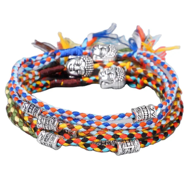 Ethic China Eastern Art Culture Religious Buddhism Braid Rainbow Rope Bracelet with Buddha Head Gift for Occasion