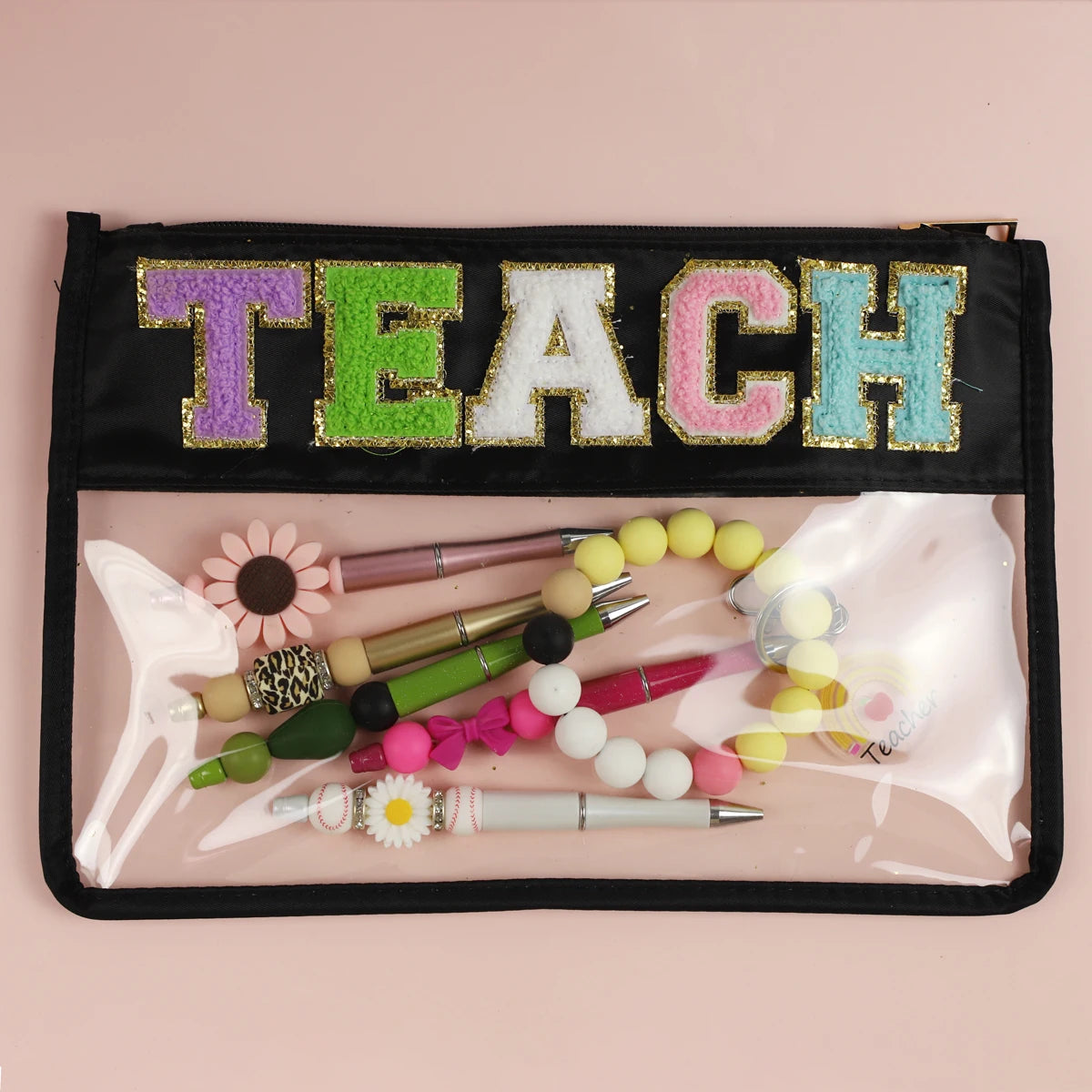 Transparent Zipper Makeup Pouch Bag Personalized Teacher Day Gift Chenille Letter Patch Clear Flat Pvc Teach Letter Cosmetic Bag
