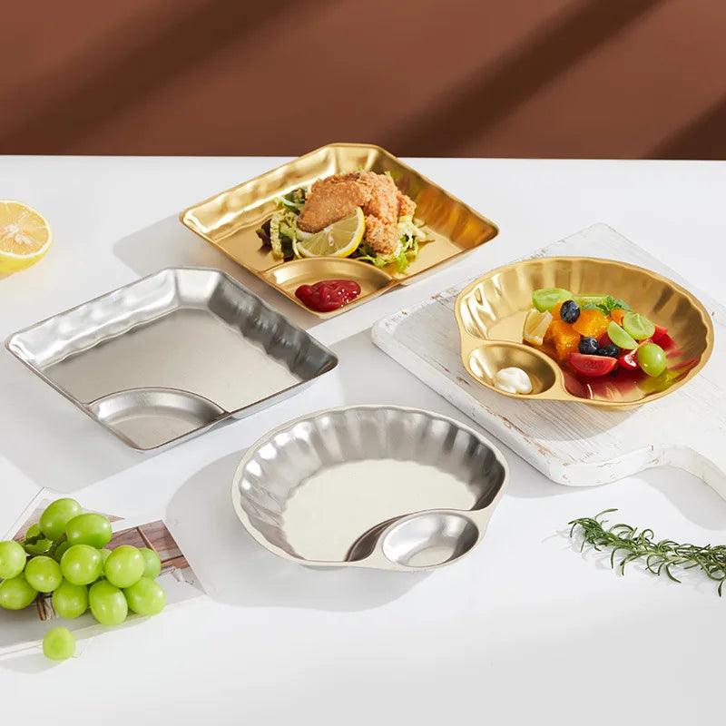 Creative Stainless Steel Snack Plate Shell Shaped Gold Grid French Fries Plate Metal Dumpling Plate with Vinegar Dish