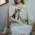 OEM Knitwear Supplier Custom Soft Fuzzy Animal Knit Pullover Jumper Embroidery Intarsia Jacquard Cat Sweater for Women