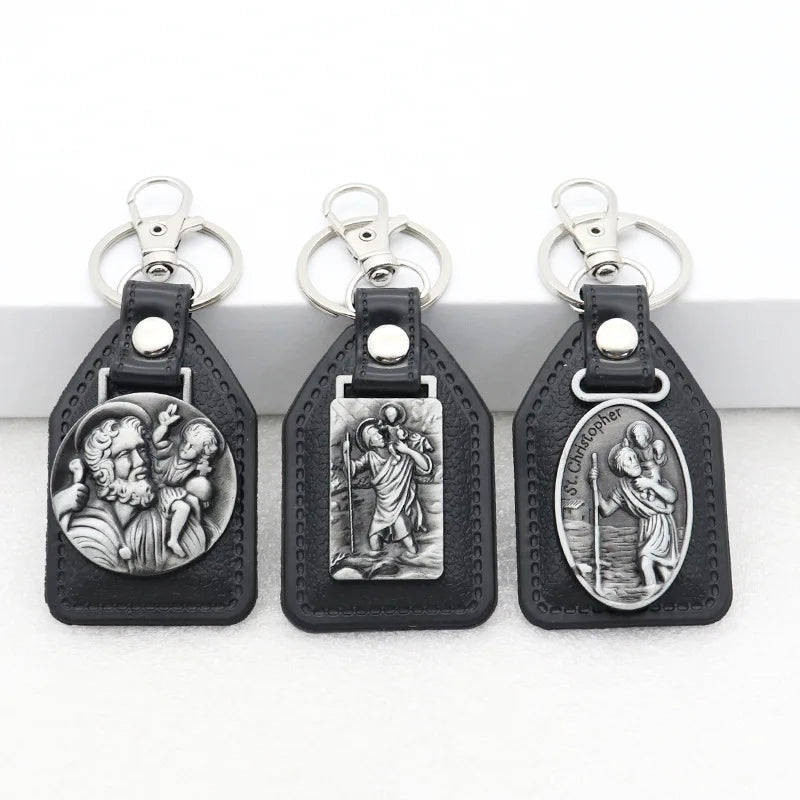Wholesale Metal Keychain Catholic St.Christopher Key Holder PU Leather Religious Gift St. Jesus Saint Key Chain