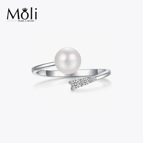 Size Adjustable 925 Sterling SIlver Freshwater Cultured Real Round Pearl Open Ring