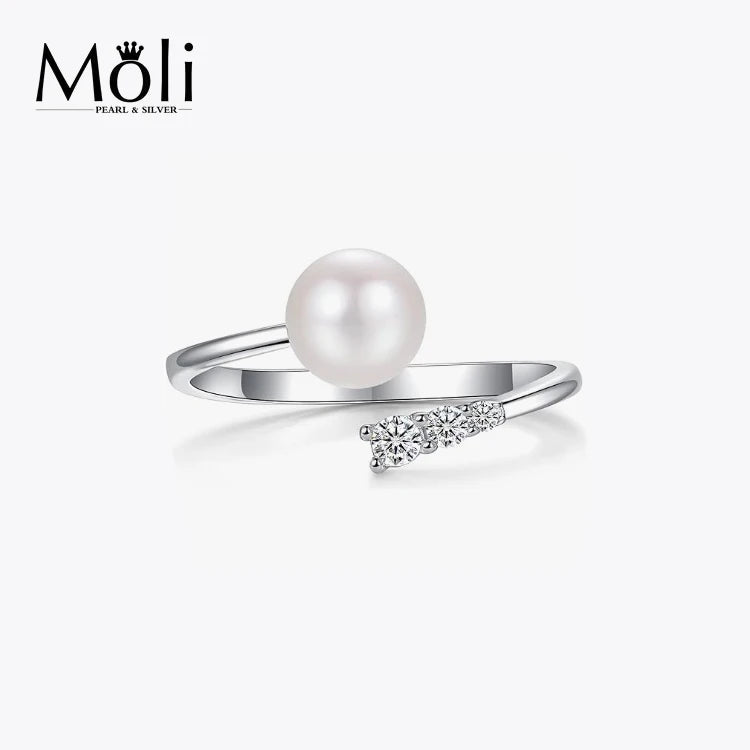 Size Adjustable 925 Sterling SIlver Freshwater Cultured Real Round Pearl Open Ring