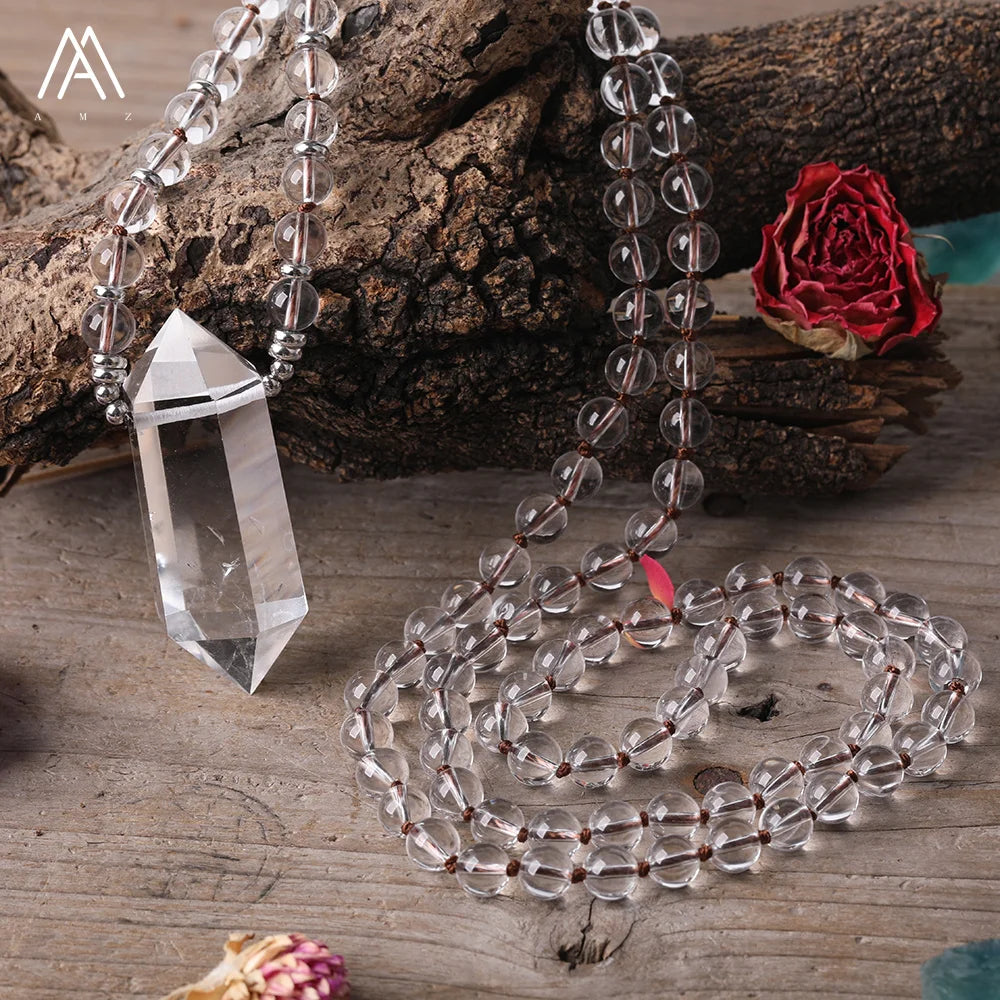 Clear Crystal Qyartz Mala Necklace for Women Yoga Jewelry Healing Chakra Gifts