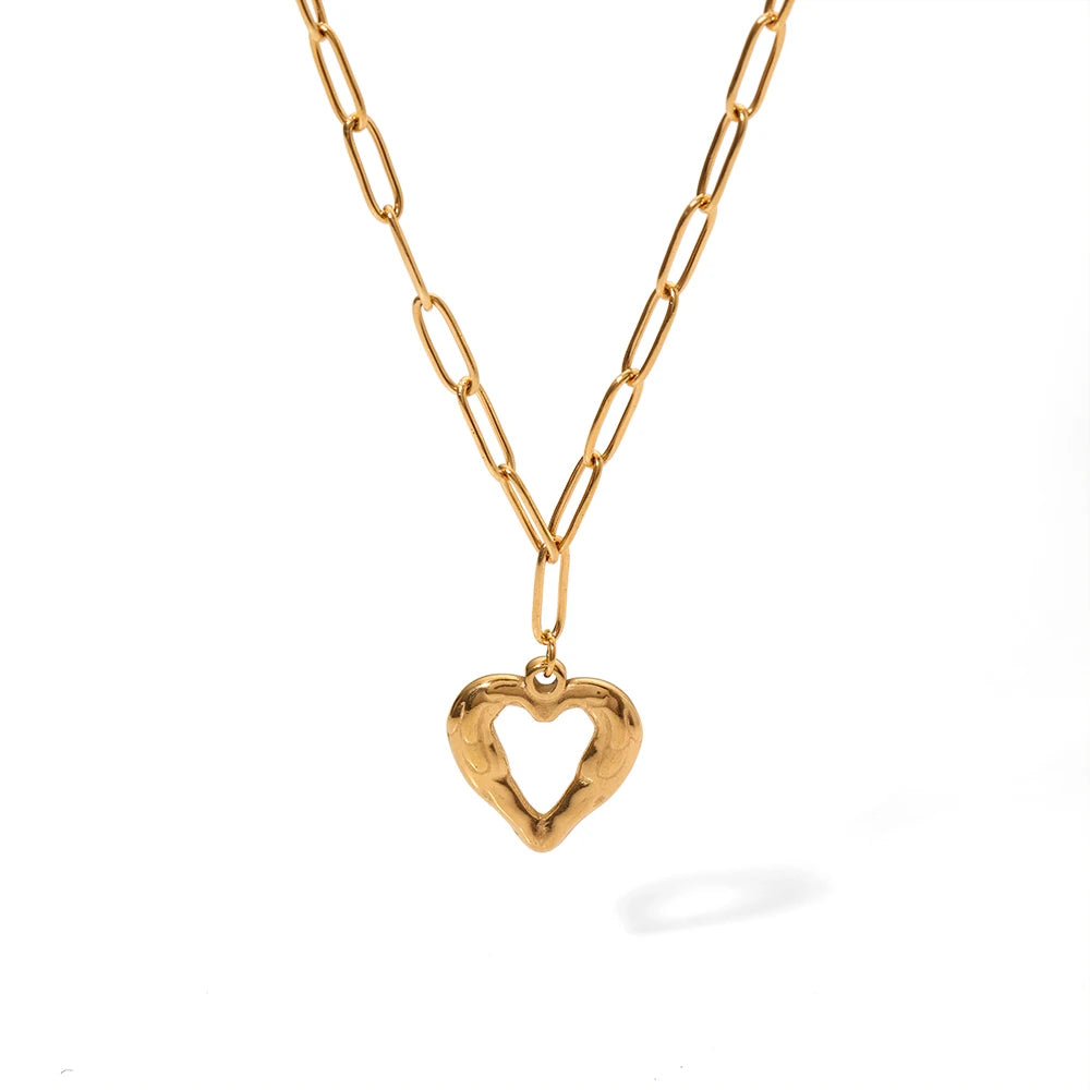18K Gold Plated Stainless Steel Hollow Heart Pendant Necklace Classic Stainless Steel Irregular Lava Heart Necklaces for Women