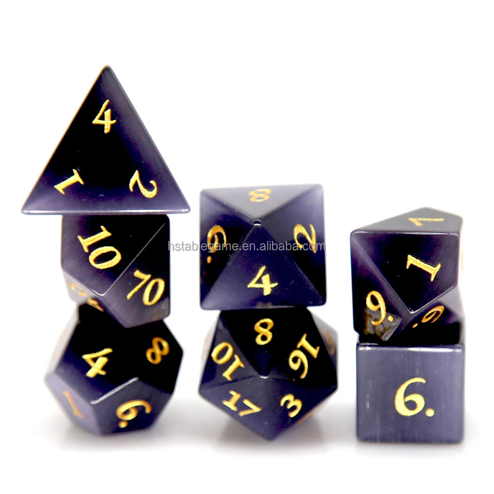 Purple Cat's Eye Stone Dice Set for Dungeons and Dragons RPG Polyhedral Gemstone Packed in Metal Box