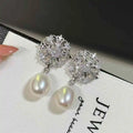 Vintage Elegant Kroos Star Engraved 9-10mm Natural Freshwater Rice Shaped Pearl Earrings for Women
