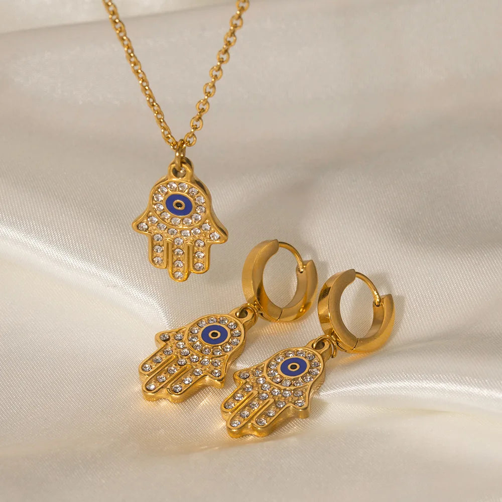 Vintage Blue Demon Eye Jewelry Sets 18K Gold Plated Stainless Steel Full Diamond Inlay Hamsa Hand Necklace Earring Sets
