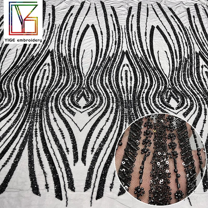 Luxury Black Beads Dress Lace Fabric Pearls With Sequin Embroidered Beaded Tulle Lace Bridal Lace Fabric