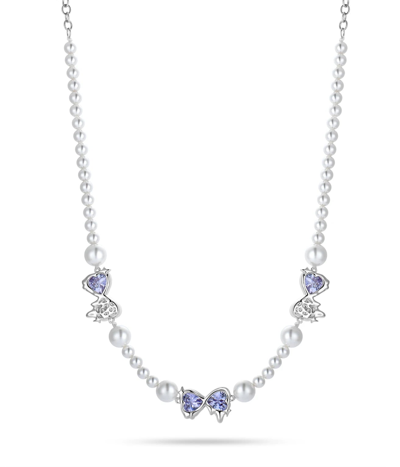 QX Private Label Small Fine Jewelry Custom OEM Women 925 Silver Blue Zircon Pearl Cute Butterfly Charm Necklace Chain for Girls