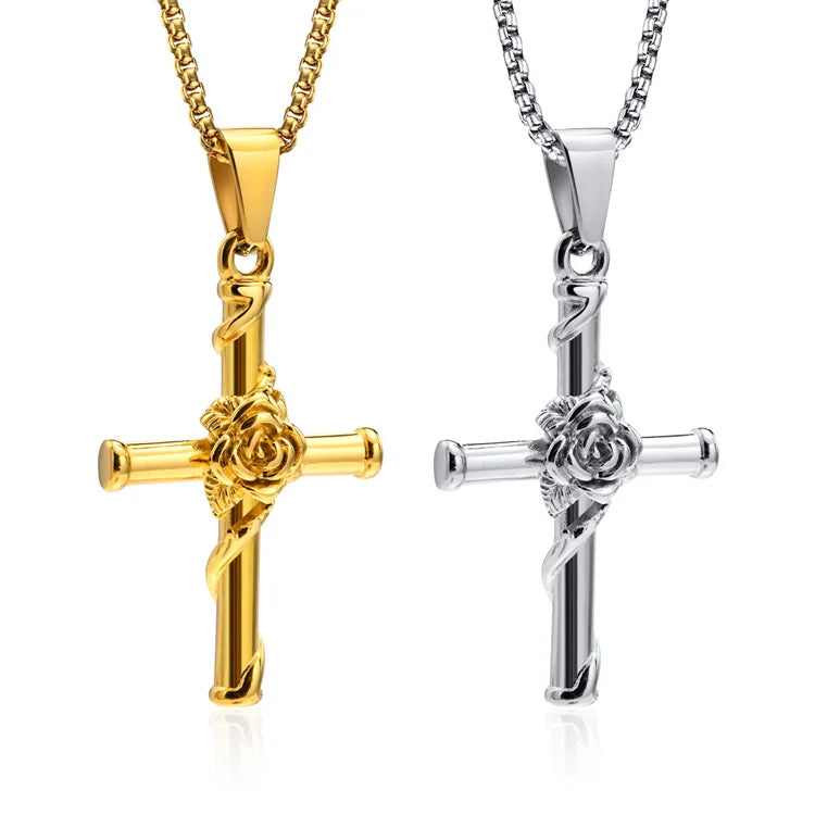 Factory Custom  Jewelry Stainless Steel Hip Hop Rose Cross Pendant Necklace Men