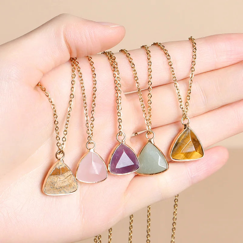 Fashion Jewelry Natural Stone Crystal Pendants Necklace Triangle Gold Chain Healing Rose Quartz Tiger Eye Jewelry