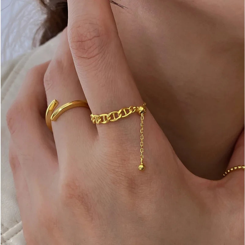 HOVANCI Ethnic Classic Adjustable 18K Gold Plated Punk Cuban Link Wheat Button Chain Zircon Adjustable Open Rings