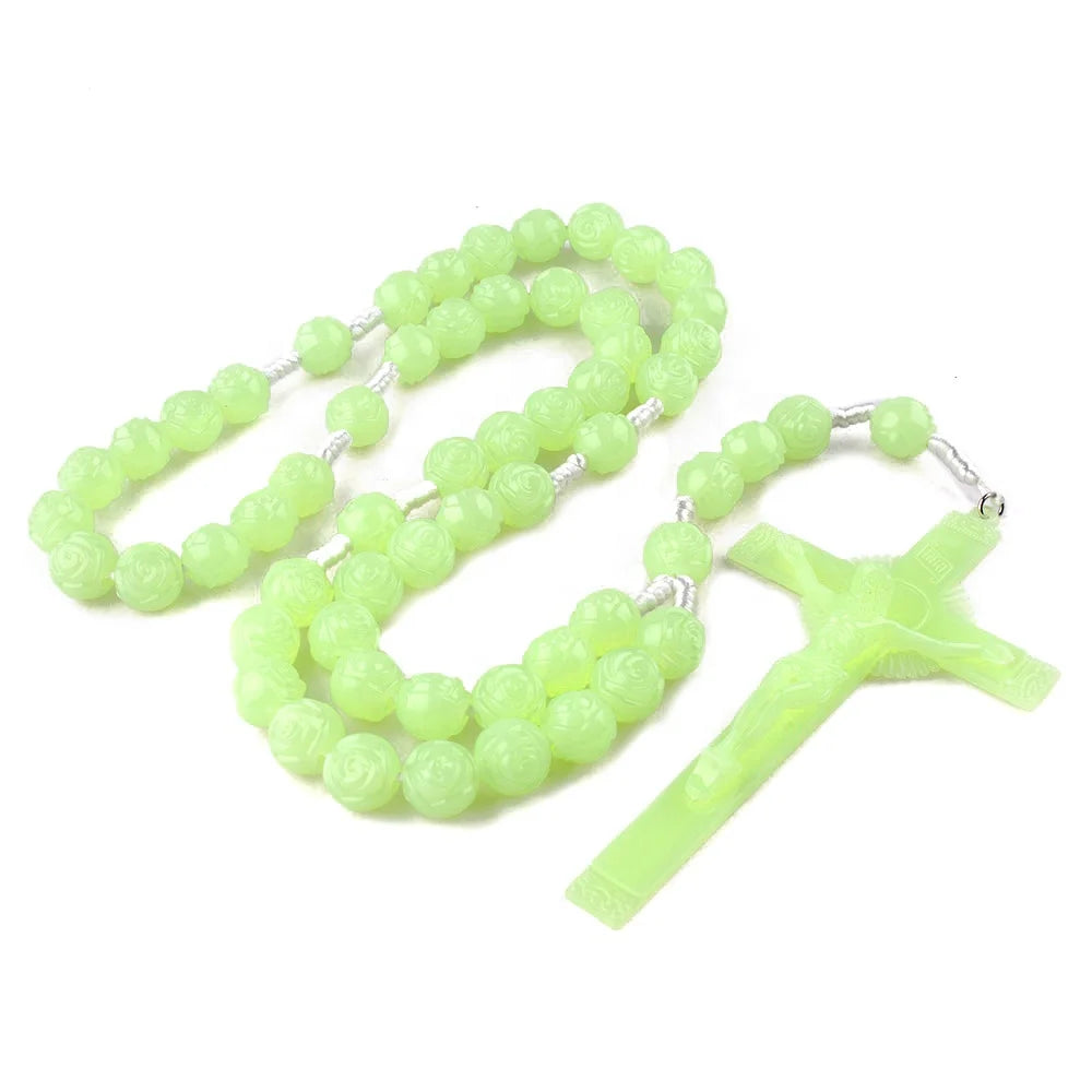 16mm Luminous Rose Beads Rosary Necklace Cross Pattern Acrylic Wall Beaded Chain with Alloy & Pearl Religious Style Jewelry