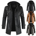 2023 Mens PU Leather Jackets Long Windproof Hooded Overcoats Autumn Winter Men Trend Slim Warm Fleece Jacket Casual Belted Coats