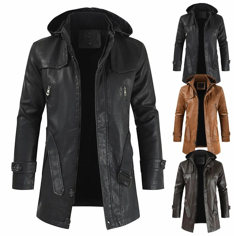 2023 Mens PU Leather Jackets Long Windproof Hooded Overcoats Autumn Winter Men Trend Slim Warm Fleece Jacket Casual Belted Coats