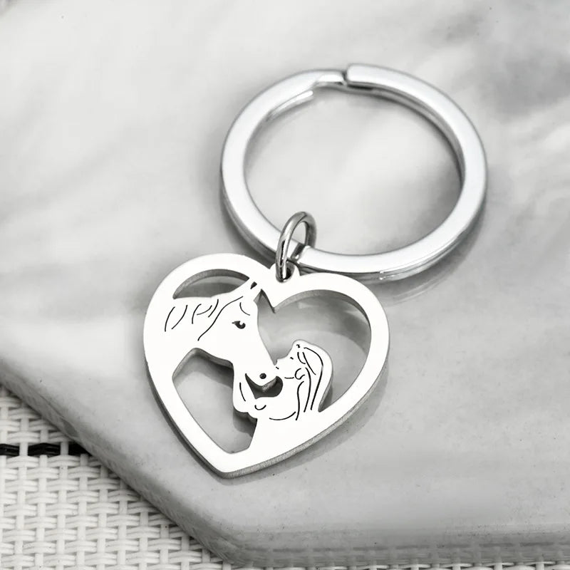 Horse and Girl Steel Metal Horse Keychains Heart Shape Key Ring Charm Sweet Key Chains DIY Jewelry Pendant Gift Couples Keychain