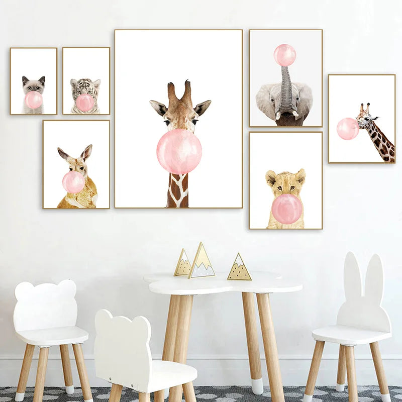 Pink Bubble Elephant Giraffe Poster Print Animal Nursery Wall Art Canvas Painting Child Picture Nordic Kids Baby Room Decoration