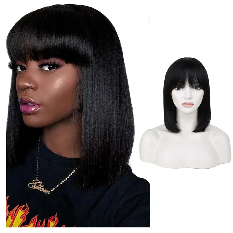 FH Short Bob Wigs Glueless Fringe WigNatural Black Brazilian Straight Human Hair Full Machine Made Wigs With Bangs