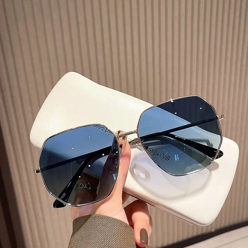 2023 New Polygonal Metal Sunglasses for Women Gold/Blue/Grey Frame Korean Travel Driving Sunglasses