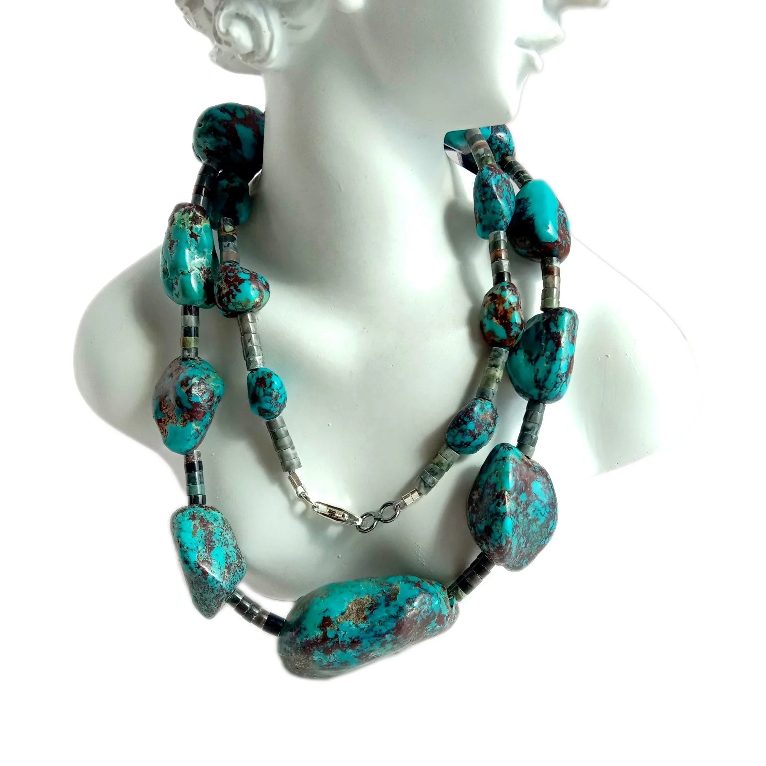 Natural Turquoise and jade 925 Sterling Silver Necklace HANDMADE TURQUOISE