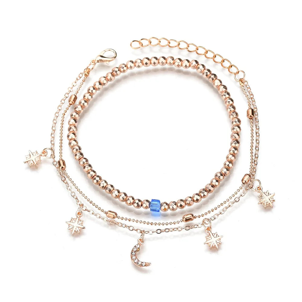 Fashionable Alloy and Leather Chain Anklet Bohemia Sea Beach Charm Anklet Bracelet for Women and Girls